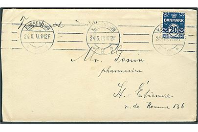 20 øre Bølgelinie sortblå på brev fra Kjøbenhavn d. 24.6.1913 til St. Etienne, Frankrig.