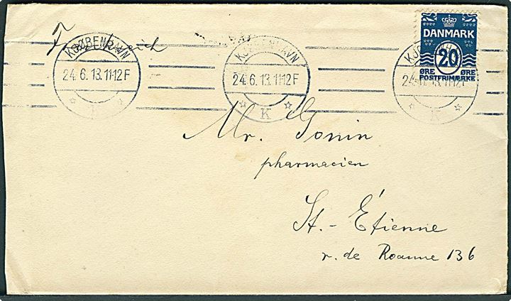 20 øre Bølgelinie sortblå på brev fra Kjøbenhavn d. 24.6.1913 til St. Etienne, Frankrig.