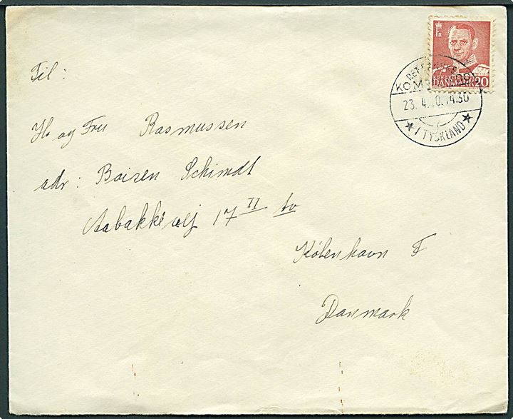 20 øre Fr. IX på brev stemplet Det danske Kommando * i Tyskland * d. 23.4.1950 til København. 