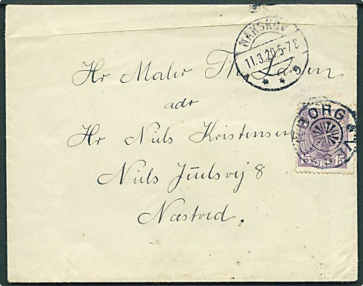 15 øre Chr. X på brev annulleret med stjernestempel VESTERBORG og sidestemplet Nakskov d. 11.3.1920 til Næstved.
