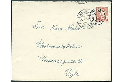 20 øre Fr. IX på brev annulleret med udslebet stjernestempel BESSER og sidestemplet Tranebjerg Samsø d. 5.8.1949 til Vejle. (Svagt dato).