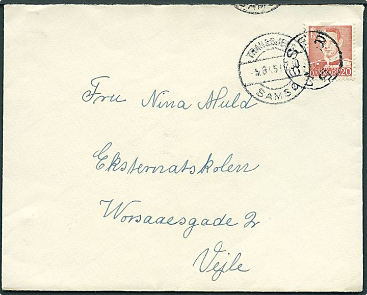 20 øre Fr. IX på brev annulleret med udslebet stjernestempel BESSER og sidestemplet Tranebjerg Samsø d. 5.8.1949 til Vejle. (Svagt dato).