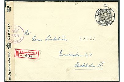 50 øre Chr. X single på anbefalet brev fra København d. 20.6.1945 til Stockholm, Sverige. Åbnet af dansk efterkrigscensur (krone)/293/Danmark.