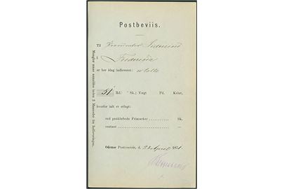 Fortrykt Postbevis fra Odense Postkontor d. 28.4.1871 for afsendelse af værdibrev med 51 rd. til Fredericia