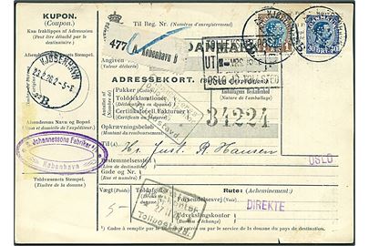 30 øre og 1 kr. Chr. X med perfin SXJ på internationalt adressekort for pakke fra firma S. Johannessons Fabrikker A/S i København d. 23.2.1926 til Oslo, Norge.