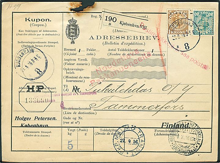 80 øre og 1 kr. Chr. X med perfin HP på internationalt adressekort for pakke fra firma Holger Petersen stemplet Kjøbenhavn 8 d. 21.9.1918 via PKP. MALMÖ TRANSIT d. 27.8.1916 og Helsingfors til Tammerfors, Finland. Skade i toppen.