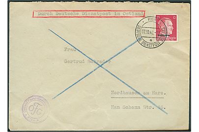 12 pfg. Ostland provisorium på brev stemplet Riga Deutsches Dienstpost Ostland d. 7.10.1942 til Nordhausen, Tyskland.