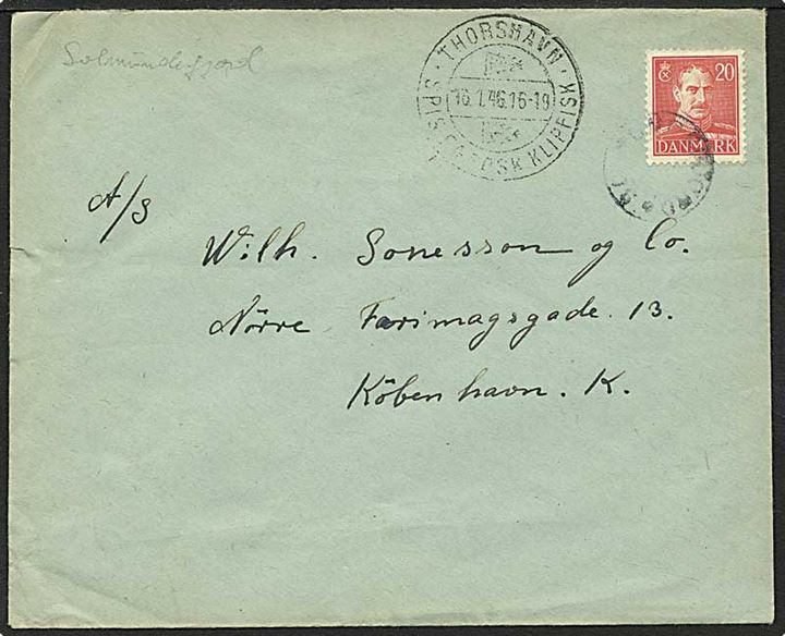 20 øre rød Chr. X på brev fra Solmundefjord d. 16.1.1946 til København. Solmundefjord stjernestempel.