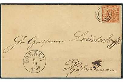 4 sk. 1858 udg. på brev annulleret med nr.stempel 51 og sidestemplet antiqua Odense d. 6.10.1858 til Kjøbenhavn.