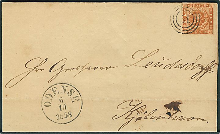 4 sk. 1858 udg. på brev annulleret med nr.stempel 51 og sidestemplet antiqua Odense d. 6.10.1858 til Kjøbenhavn.