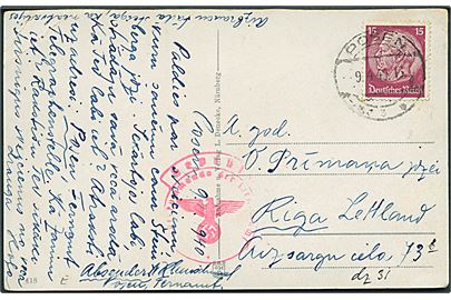 15 pfg. Hindenburg på brevkort fra Posen i det annekterede Reichgau Wartheland d. 9.4.1940 til Riga, Letland. Tysk censur fra Königsberg.