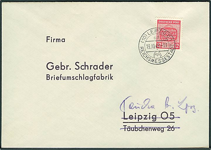 Sachsen. 12 pfg. Musterschau Leipzig på brev stemplet Leipzig d. 19.10.1945.