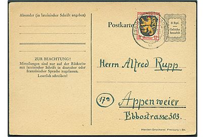 Fransk Zone. 6 pfg. helsagsbrevkort med 12 pfg. Fransk Zone udg. fra Freiburg d. 24.3.1946 til Appenweier.