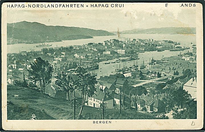 3 pfg. Hamburg-Amerika Linie på Telegram-kort med meddelelse fra Hapag Fjord- und Polarfahrt med S/S Resolut i Bergen d. 1.8.1929 fra Hamburg d. 2.8.1929 til Altona. Skrammer.