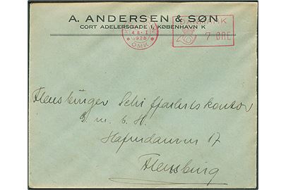 7 øre posthusfranko på tryksag fra København d. 4.1.1928 til Flensburg, Tyskland.