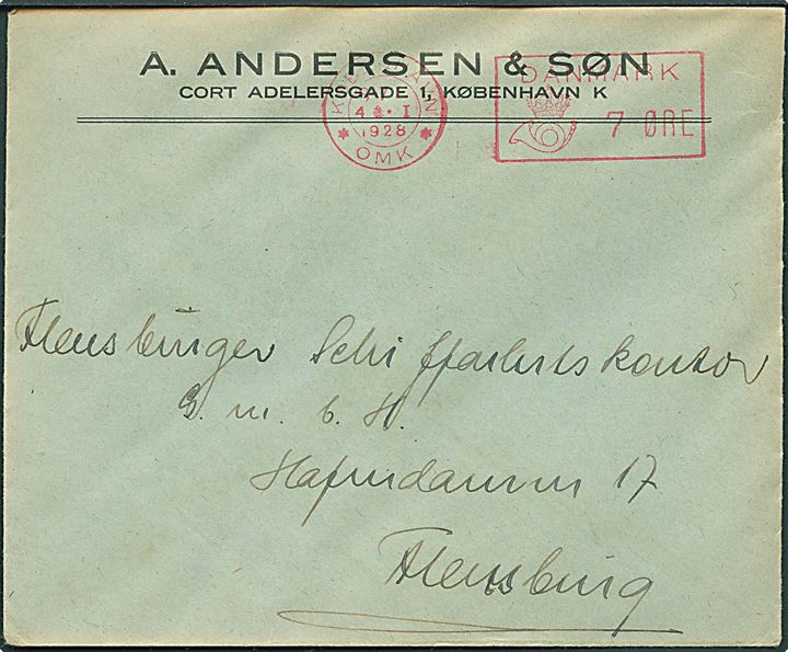 7 øre posthusfranko på tryksag fra København d. 4.1.1928 til Flensburg, Tyskland.