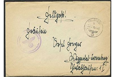 Ufrankeret tysk feltpostbrev med indhold, stemplet FELDPOST/b 19.4.1943 til Wuppertal, Tyskland. Pænt Briefstempel: Dienststelle der Feldpost Nr. L33453 = 9. Kompanie Luftnachrichten-Regiment 5