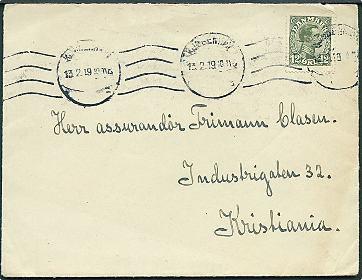 12 øre Chr. X single på brev fra Kjøbenhavn d. 13.2.1919 til Kristiania, Norge.
