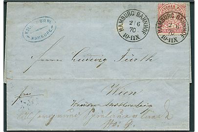 1 gr. på brev stemplet Hamburg Bahnhof d. 2.6.1870 til Wien, Østrig - eftersendt.