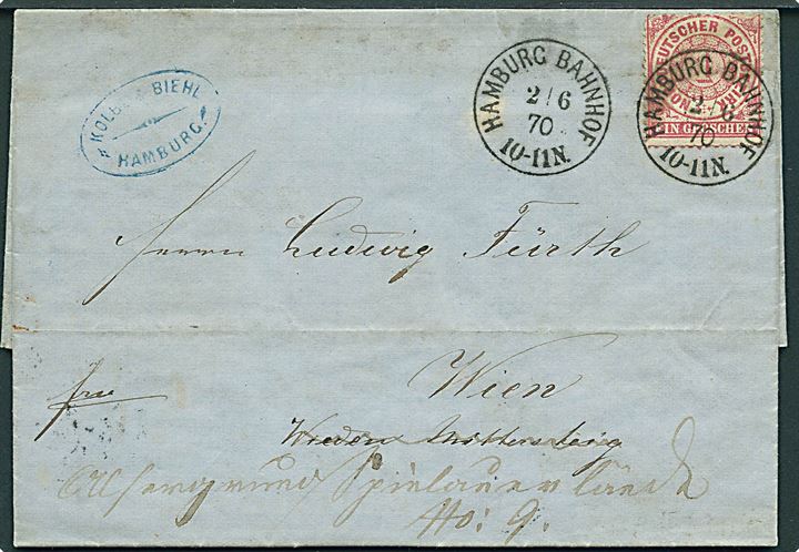 1 gr. på brev stemplet Hamburg Bahnhof d. 2.6.1870 til Wien, Østrig - eftersendt.