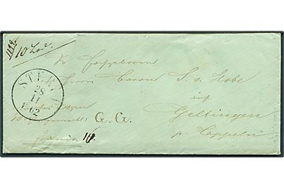 1862. Ufrankeret pakkefølgebrev påskrevet franco og 10 Lod med antiqua Sterup d. 28.11.1862 til Geltingen pr. Cappeln.