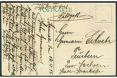 Ufrankeret feltpostkort dateret Apenrade d. 12.4.1915 til Tyskland med briefstempel: Kais. Marine / Briefstempel / Hilfs-Minen-Such-Division Swinemünde. 
