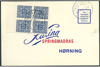 Ufrankeret svarbrevkort fra Brøns med bureaustempel Bramminge - Tønder d. 2.3.1960 T.493 til Hørning. Påsat 12 øre Portomærke i fireblok stemplet Hørning d. 3.3.1960. (Summarisk portoregning).