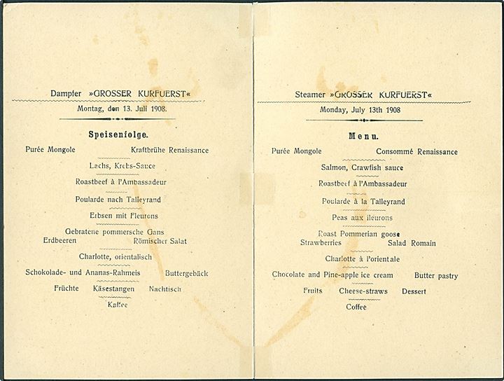 Feldlappen, menukort fra Norddeutscher Lloyd skib Grosser Kurfuerst d. 13.7.1908. Kortet har været delt. 