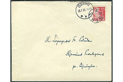 15 øre Karavel på brev annulleret med udslebet stjernestempel AGGER og sidestemplet Vestervig d. 16.7.1938 til Bjerringbro.