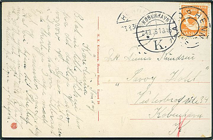 10 øre H.C.Andersen på brevkort (Parti fra Henne Strand) annulleret med udslebet stjernestempel HENNE STRAND og sidestemplet Henne d. 23.8.1936 til København. Sommer brevsamlingssted.