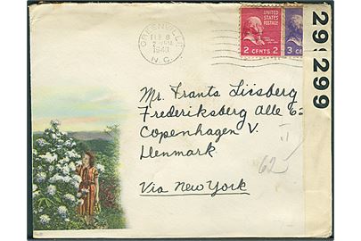 2 cents og 3 cents på brev fra Greenville d. 8.2.1940 til København, Danmark. Åbnet af tidlig britisk censur PC66/299.