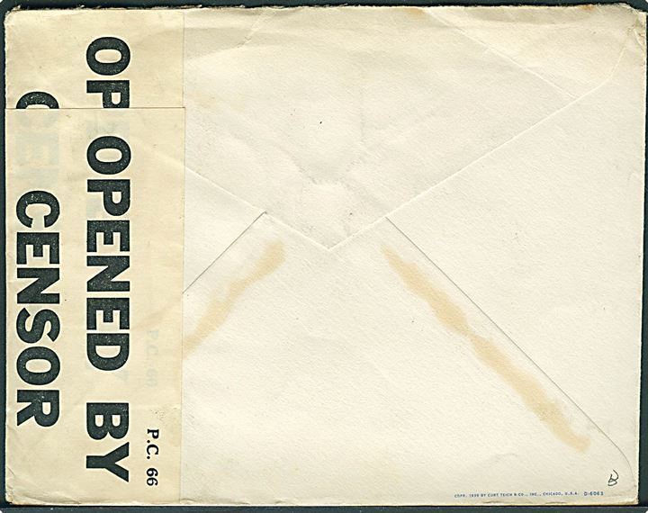 2 cents og 3 cents på brev fra Greenville d. 8.2.1940 til København, Danmark. Åbnet af tidlig britisk censur PC66/299.