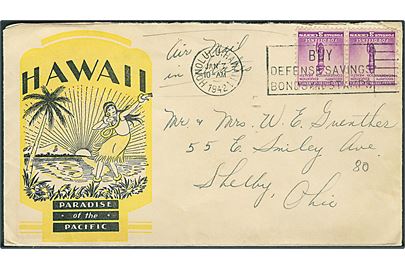 3 cents i parstykke på illustreret luftpostbrev fra Honolulu, Hawaii d. 7.1.1942 til Shelby, Ohio, USA. Påskrevet: Air Mail in States. Passér stemplet af den tidlige Hawaii censur: Released by I.C.B. 112.