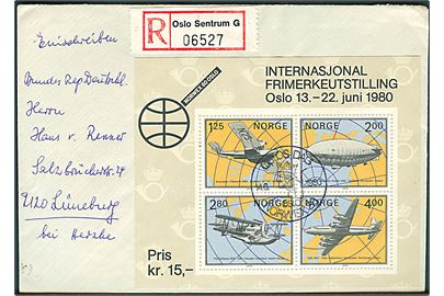 Norwex 80 blok udg. på anbefalet brev annulleret med udstillingsstempel d. 14.6.1980 til Lüneburg, Tyskland.