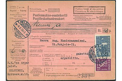 1½ mk. Løve og 5 mk. Olofsborg på postopkrævningsadressekort for pakke fra Helsinki d. 9.5.1930 til Ii. Fold.
