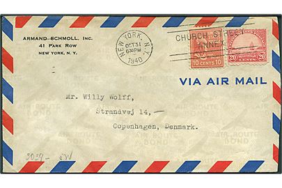10 cents Tyler og 20 cents Golden Gate på luftpostbrev fra New York d. 31.10.1940 til København, Danmark. Åbnet af tysk censur i Berlin.