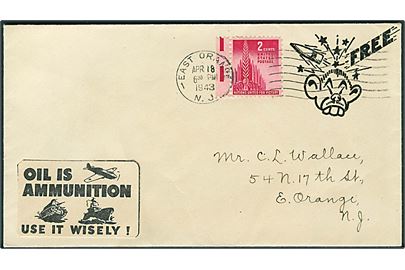 2 cents på illustreret patriotisk Free-mail kuvert sendt lokalt i East Orange d. 18.4.1943.