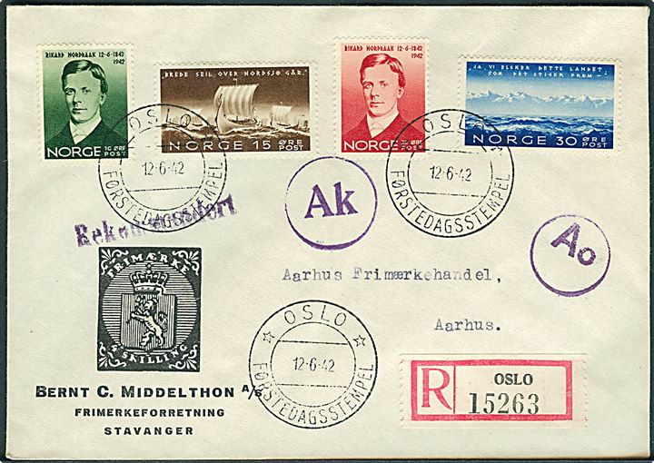 Komplet sæt Nordraak på anbefalet FDC fra Oslo d. 12.6.1942 til Aarhus, Danmark. Tysk censur fra Oslo og København.