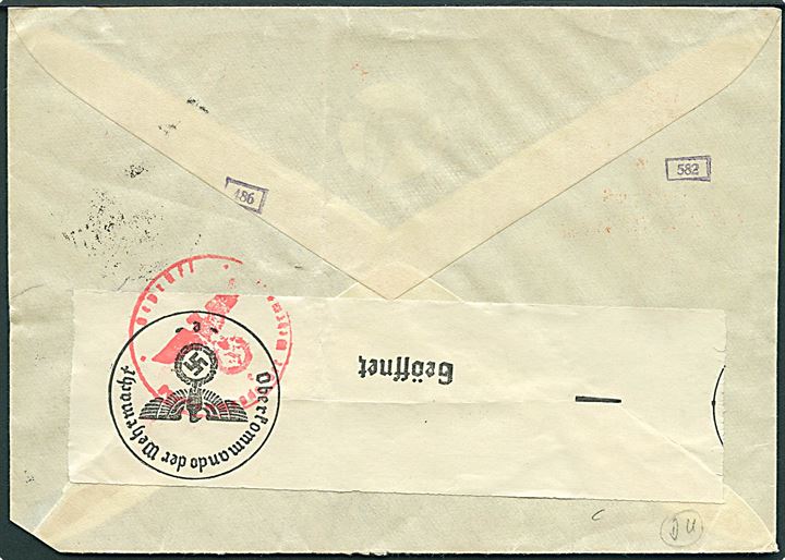 20 øre frankostempel på brev opfrankeret med 10 øre Løve stemplet Bureau Amb. Oslo-Ed d. 10.2.1943 til Bern, Schweiz. Åbnet af tysk censur i Frankfurt.
