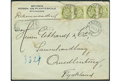 20 øre Posthorn (4) på anbefalet brev fra Stavanger d. 22.3.1923 til Quedlinburg, Tyskland.