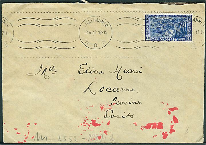 30 øre Sturlason på brev fra Lillehammer d. 18.4.1942 til Locarno, Schweiz. Åbnet af tysk censur i Frankfurt.