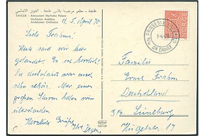 60 øre på brevkort fra Tanger annulleret med skibsstempel M/S Prinsesse Ragnhild on cruise d. 7.4.1970 til Lüneburg, Tyskland.