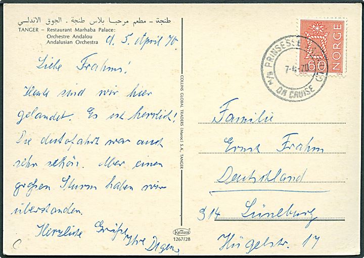 60 øre på brevkort fra Tanger annulleret med skibsstempel M/S Prinsesse Ragnhild on cruise d. 7.4.1970 til Lüneburg, Tyskland.