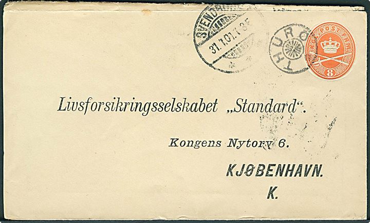 8 øre helsagskuvert annulleret med stjernestempel THURØ og sidestemplet Svendborg d. 31.1.1901 til Kjøbenhavn.