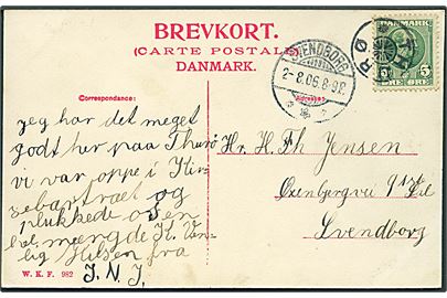 5 øre Chr. IX på brevkort (Parti fra Bjørnemose) annulleret med stjernestempel THURØ og sidestemplet Svendborg d. 2.8.1906 til Svendborg.