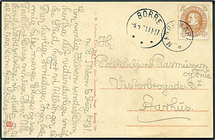 10 øre Chr. X 60 år på brevkort annulleret med udslebet stjernestempel MANDEMARK og sidestemplet Borre d. 6.8.1931 til Aarhus.