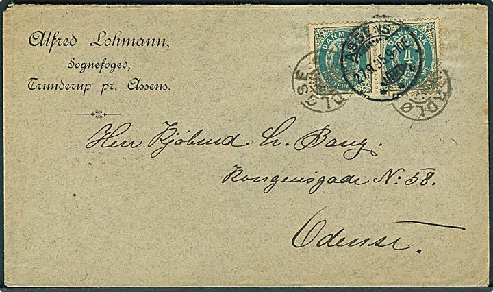 4 øre Tofarvet i parstykke på brev fra Trunderup annulleret med stjernestempel JORDLØSE og sidestemplet Assens d. 27.9.1895 til Odense.