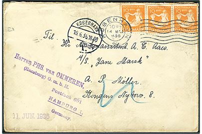 10 øre H.C.Andersen (3) på brev fra København d. 14.5.1936 til sømand ombord på M/S Jane Mærks via rederiadresse i København - eftersendt til Hamburg, Tyskland.