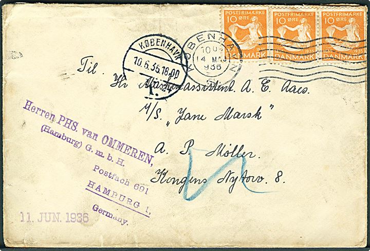 10 øre H.C.Andersen (3) på brev fra København d. 14.5.1936 til sømand ombord på M/S Jane Mærks via rederiadresse i København - eftersendt til Hamburg, Tyskland.