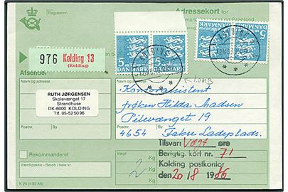 5 kr. Rigsvåben (4) på adressekort for pakke annulleret med brotype IIi Kolding *** d. 19.8.1986 1. OMB. til Fakse Ladeplads. 